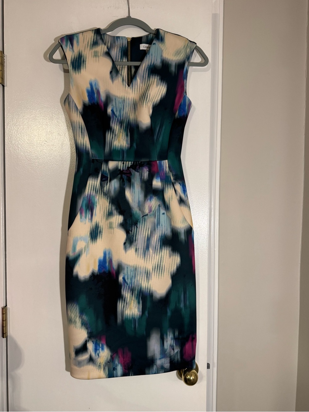Sleeveless Abstract Print Sheath Dress - Cream & Teal event wedding guest party